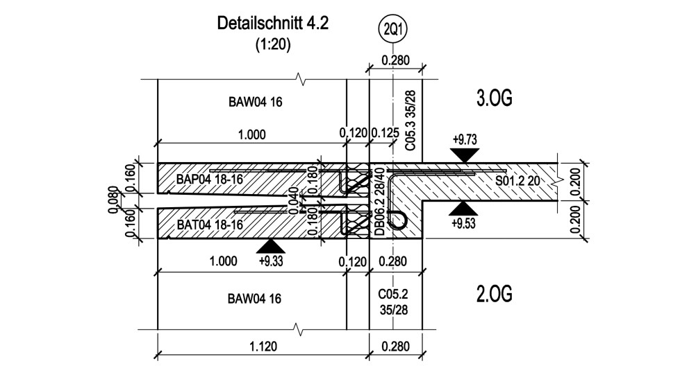 Die Zeichnung zeigt den Schnitt durch die Anschlussdetails zwischen Balkonplatte und Vordach. Eingesetzt wurden der Isokorb KXT sowie KXT-HV. Abbildung: Schöck Bauteile GmbH, Abdruck honorarfrei.