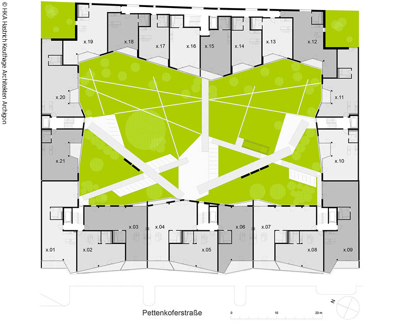 Lageplan des „PolygonGarden“: Die 21 Wohnungen auf jeder Etage umschließen den 1.500 Quadratmeter großen Innenhof.