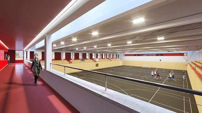 Mehrzweck- und 3-Feld-Sporthalle in Lahr, Visualisierung Quelle:                 Ackermann+Raff, Stuttgart