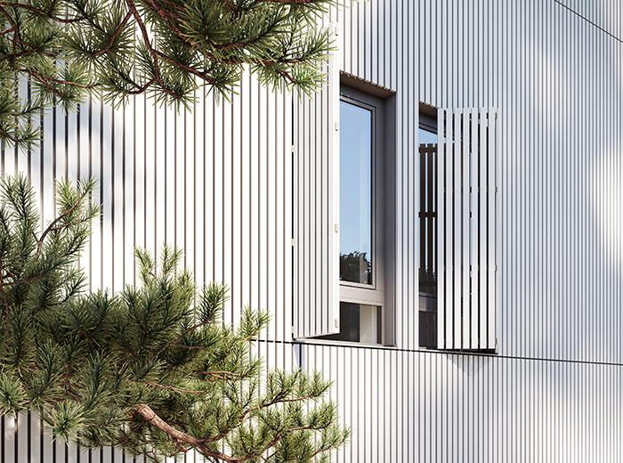 Die Häuser erhalten ihre Charakteristik durch eine hochwertige Holzlattung - Rendering - Rendering  Bildnachweis:	Bauwerk Capital GmbH & Co. KG.