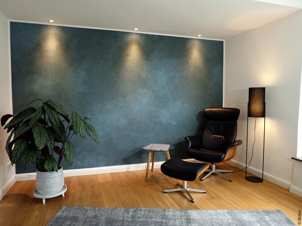 Ein Büro mit einem Bürosessel, einer Stehlampe, einer Zimmerpflanze und einer anthrazitfarbenen Wand
