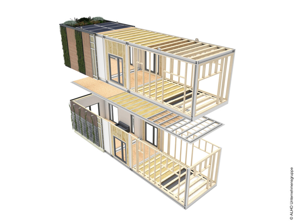 Entwurf für einen Raum in hybrider Modulbauweise aus Stahl und Holz
